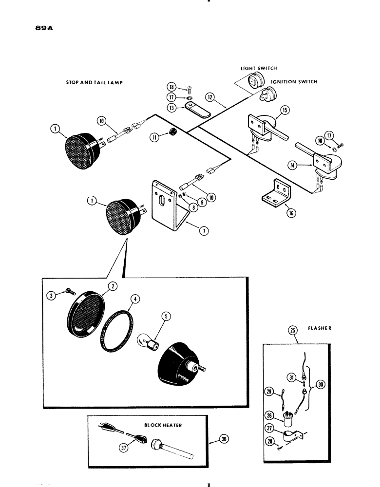 Схема запчастей Case IH 730 SERIES - (089A) - LIGHTING EQUIPMENT, STOP AND TAIL LAMP, FLASHER ATTACHMENT, BLOCK HEATER (04) - ELECTRICAL SYSTEMS