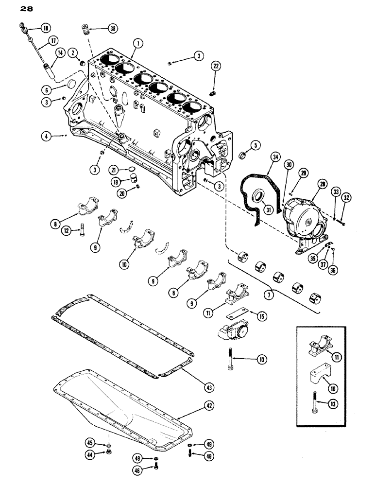 Схема запчастей Case IH 1200 - (028) - CYLINDER BLOCK ASSEMBLY, W/FRONT MOUNTED OIL PUMP, 1ST USED ENG. S/N 2174160, (451) DIESEL ENGINE (02) - ENGINE