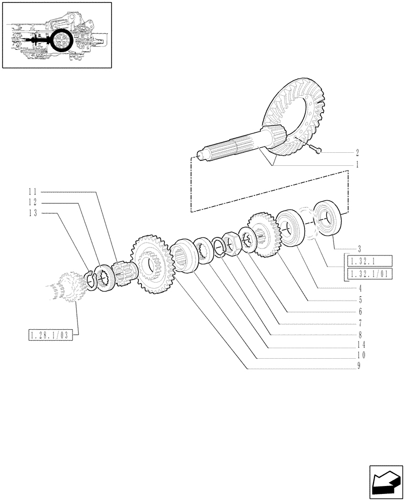 Схема запчастей Case IH JX80 - (1.32.1/05[01]) - (VAR.319) 12X12 (40KM/H) TRANSMISSION W/INSIDE AXLE FRONT BRAKE AND LIMITED SLIP - BEVEL GEAR PAIR (03) - TRANSMISSION