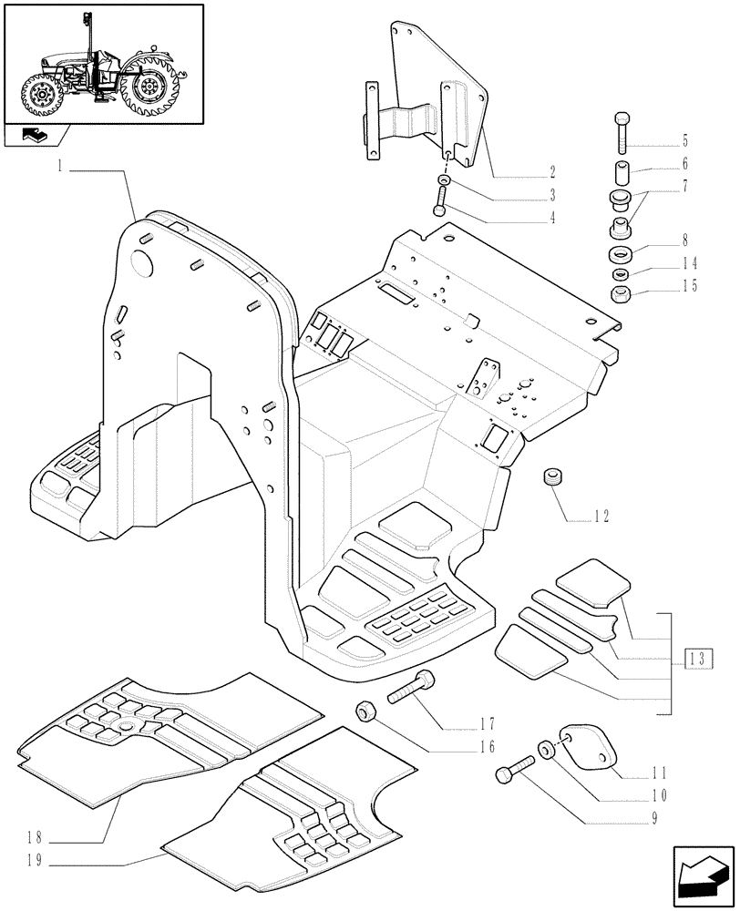 Схема запчастей Case IH FARMALL 85C - (1.92.87[01]) - MUDGUARDS AND FOOTBOARDS - L/CAB (10) - OPERATORS PLATFORM/CAB