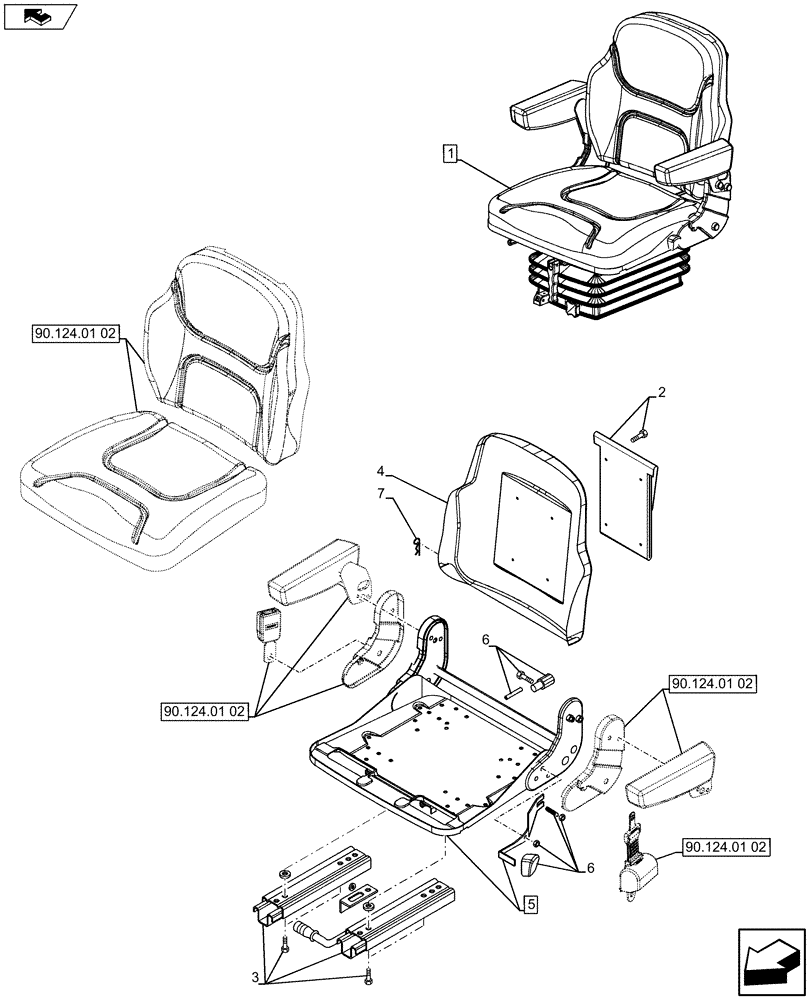 Схема запчастей Case IH FARMALL 75C - (90.124.01[03]) - FABRIC SEAT WITH SAFETY SWITCH, ARMREST AND AIR SUSPENSION - W/CAB (VAR.331850) (90) - PLATFORM, CAB, BODYWORK AND DECALS