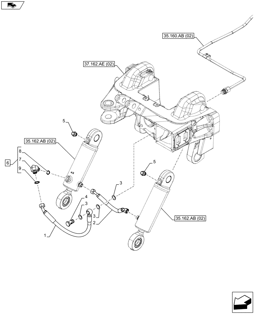 Схема запчастей Case IH FARMALL 85C - (35.162.AG[02]) - VAR - 332789 - 3 POINT HITCH, FRONT, CYLINDER, LINES, WITH FRONT PTO (35) - HYDRAULIC SYSTEMS