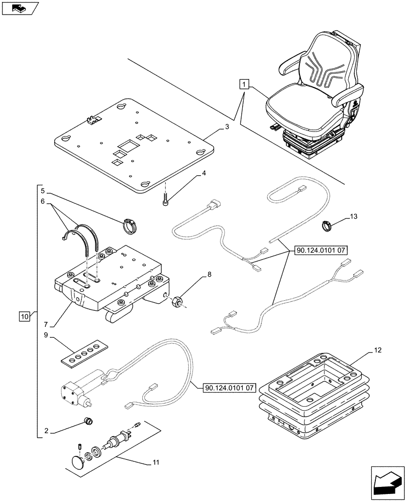 Схема запчастей Case IH FARMALL 75C - (90.124.0101[05]) - DRIVER SEAT, W/ CAB (VAR.332850) - END YR 25-JUL-2013 (90) - PLATFORM, CAB, BODYWORK AND DECALS
