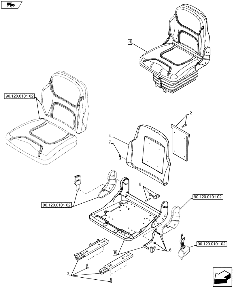 Схема запчастей Case IH FARMALL 75C - (90.120.0101[03]) - FABRIC SEAT - W/CAB - NAR (90) - PLATFORM, CAB, BODYWORK AND DECALS