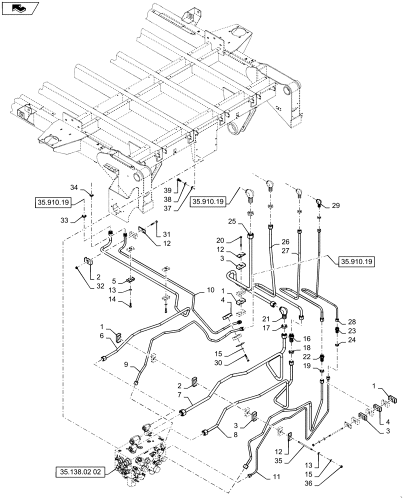 Схема запчастей Case IH 635 - (35.910.06) - HYDRAULIC PLUMBING, AUGER, COMPACTOR, AND DOORS, RIGHT HAND (35) - HYDRAULIC SYSTEMS