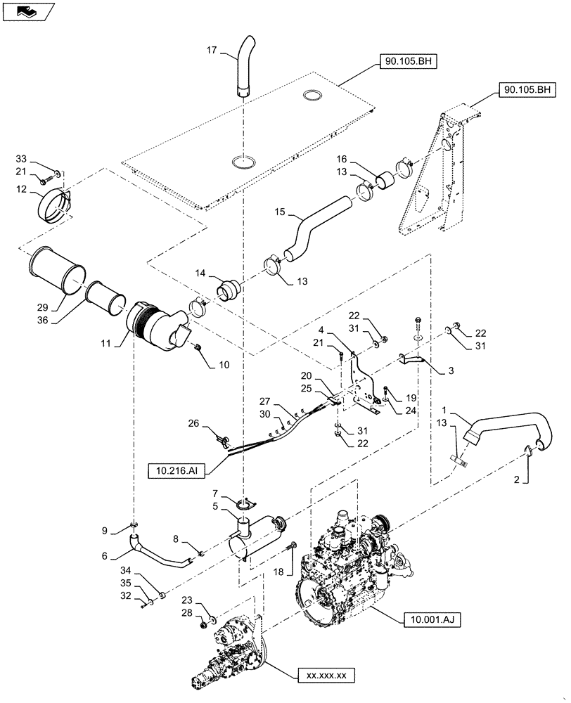 Схема запчастей Case IH WD1203 - (10.254.AI[02]) - INTAKE ASSY, EXHAUST SYSTEM W/ MUFFLER, 4 CYLINDER (10) - ENGINE