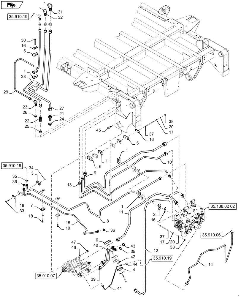 Схема запчастей Case IH 635 - (35.910.05) - HYDRAULIC PLUMBING, AUGER, COMPACTOR, AND DOORS, LEFT HAND (35) - HYDRAULIC SYSTEMS