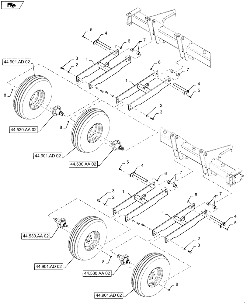 Схема запчастей Case IH 1255 - (44.901.AA[02]) - WING WHEEL ASSEMBLY FOR 16 ROW (44) - WHEELS