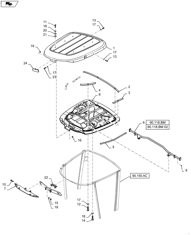 Схема запчастей Case IH WD1903 - (90.150.BH) - ROOF, ROOF LINING (90) - PLATFORM, CAB, BODYWORK AND DECALS