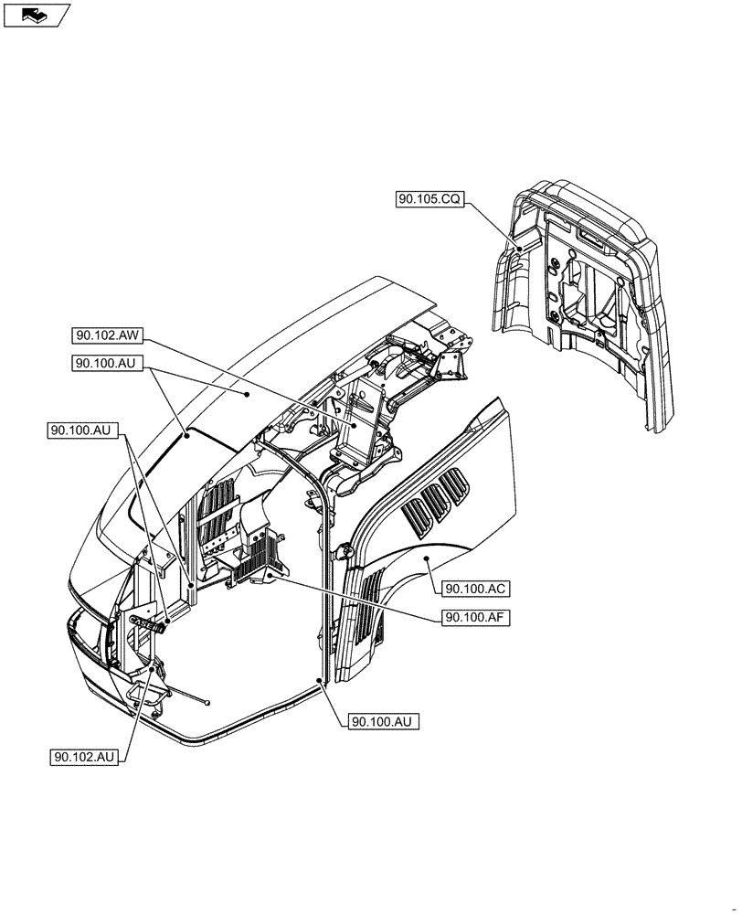 Схема запчастей Case IH FARMALL 95C - (90.000.00[01]) - SECTION INDEX - PLATFORM, CAB, BODYWORK AND DECALS (90) - PLATFORM, CAB, BODYWORK AND DECALS
