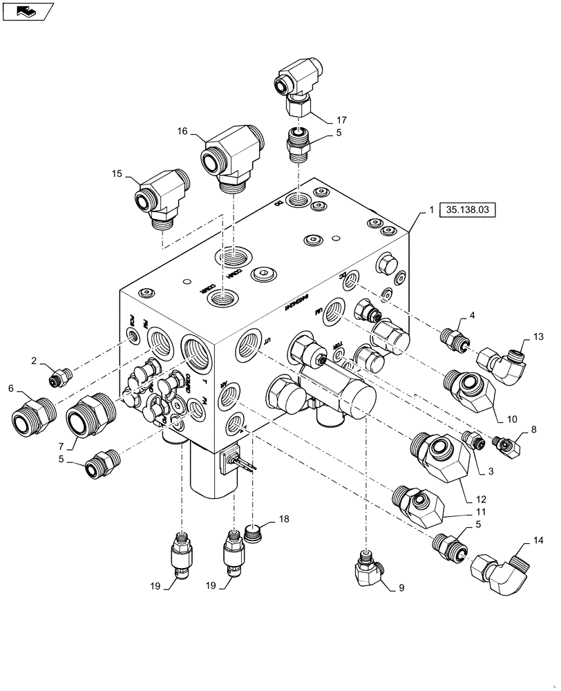 Схема запчастей Case IH 635 - (35.138.02[02]) - VALVE WITH FITTINGS, MODULE BUILDER CONTROL, MDL YEAR 2012 (35) - HYDRAULIC SYSTEMS