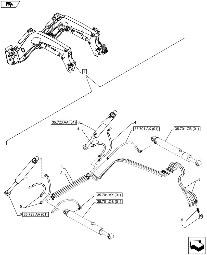 Схема запчастей Case IH FARMALL 115C - (35.723.AB[01]) - VAR - 333489 - LOADER BUCKET CYLINDER LINES (35) - HYDRAULIC SYSTEMS