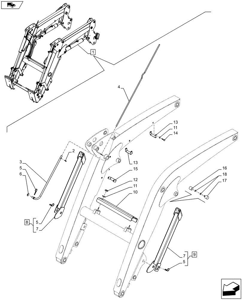 Схема запчастей Case IH FARMALL 115C - (82.100.AF[08]) - VAR - 335490 - LOADER ARM (SELF LEVELLING), PARKING LEG AND PIPE PROTECTION (82) - FRONT LOADER & BUCKET