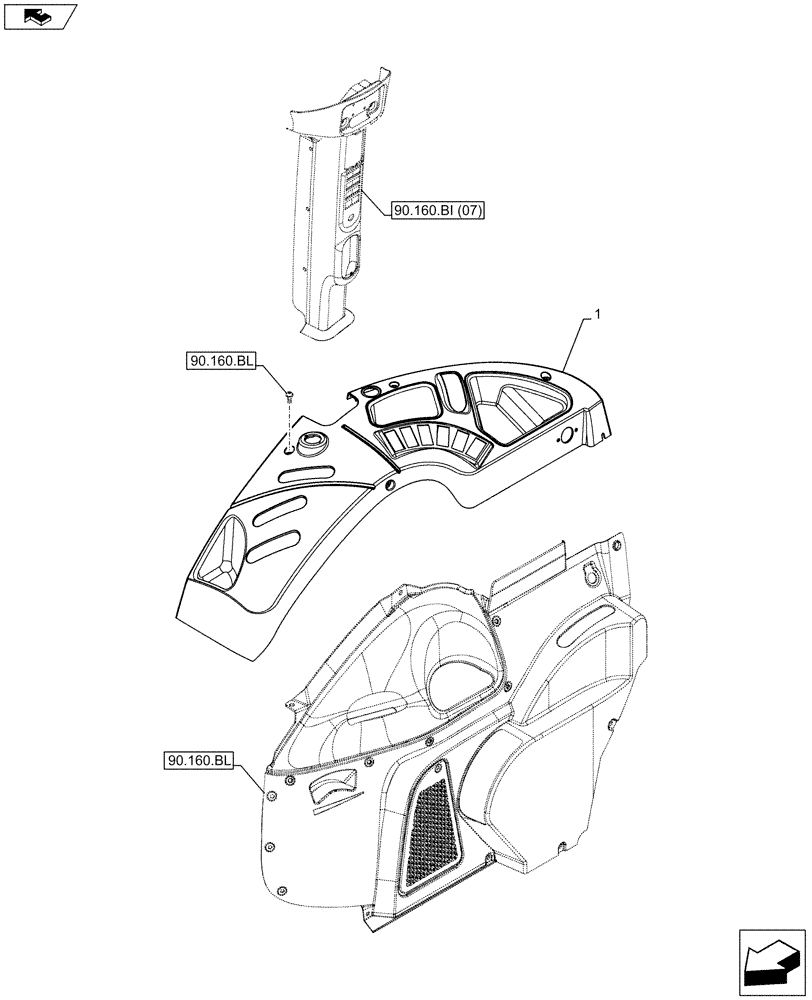 Схема запчастей Case IH FARMALL 85C - (90.160.BL[07]) - VAR - 331789, 334216, 334218, 3342189 - CAB INTERIOR TRIM, RIGHT SIDE (90) - PLATFORM, CAB, BODYWORK AND DECALS