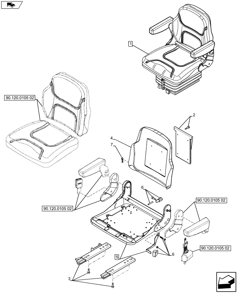 Схема запчастей Case IH FARMALL 65C - (90.120.0105[03]) - VINYL SEAT WITH SAFETY SWITCH AND ARMREST - L/CAB (VAR.331156) (90) - PLATFORM, CAB, BODYWORK AND DECALS