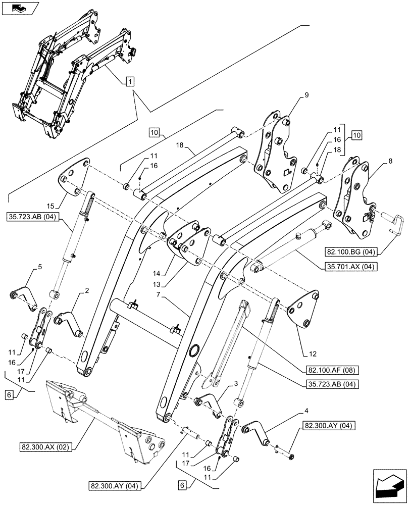 Схема запчастей Case IH FARMALL 95C - (82.100.AF[07]) - VAR - 335490 - LOADER ARM (SELF LEVELLING), ARM/LIFTING DEVICE (82) - FRONT LOADER & BUCKET