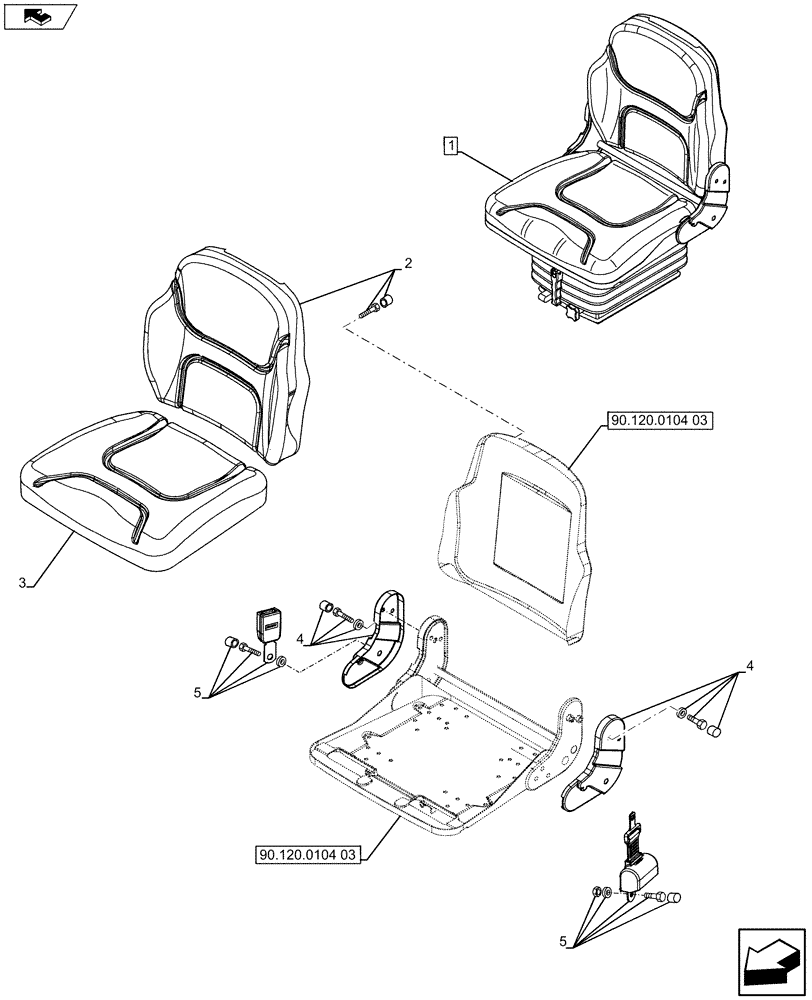 Схема запчастей Case IH FARMALL 75C - (90.120.0104[02]) - FABRIC SEAT WITH SAFETY SWITCH AND ARMREST - W/CAB (VAR.331962 / 743578) (90) - PLATFORM, CAB, BODYWORK AND DECALS