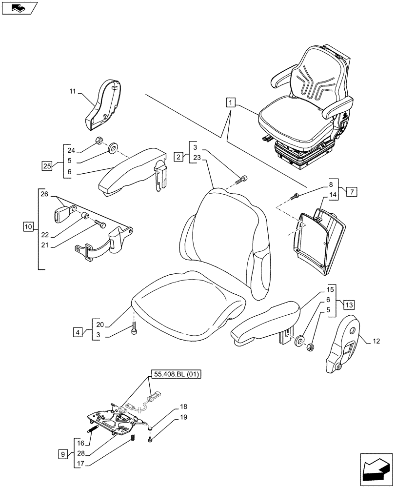 Схема запчастей Case IH FARMALL 105C - (90.124.AE[12]) - VAR - 332850 - DRIVER SEAT, W/ CAB - END YR 18-AUG-2013 (90) - PLATFORM, CAB, BODYWORK AND DECALS