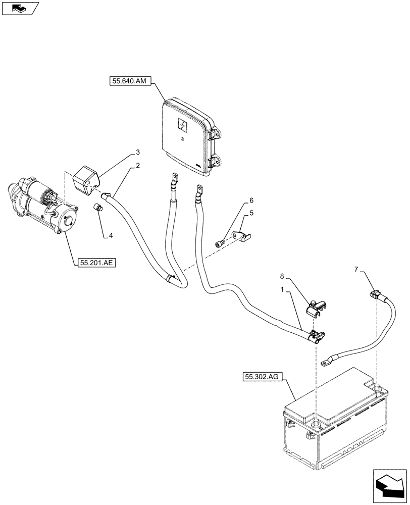 Схема запчастей Case IH FARMALL 85C - (55.302.AV[01]) - VAR - 334216, 334218, 331789 - BATTERY - CABLES (55) - ELECTRICAL SYSTEMS