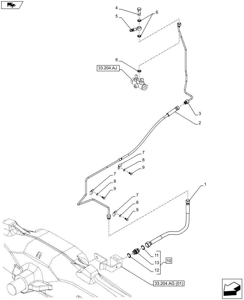 Схема запчастей Case IH FARMALL 85C - (33.204.AG[02]) - VAR - 743561, 338323 - 4WD, FRONT AXLE, W/HYDRAULIC DIFFERENTIAL LOCK AND BRAKE, BRAKE, LINES (33) - BRAKES & CONTROLS