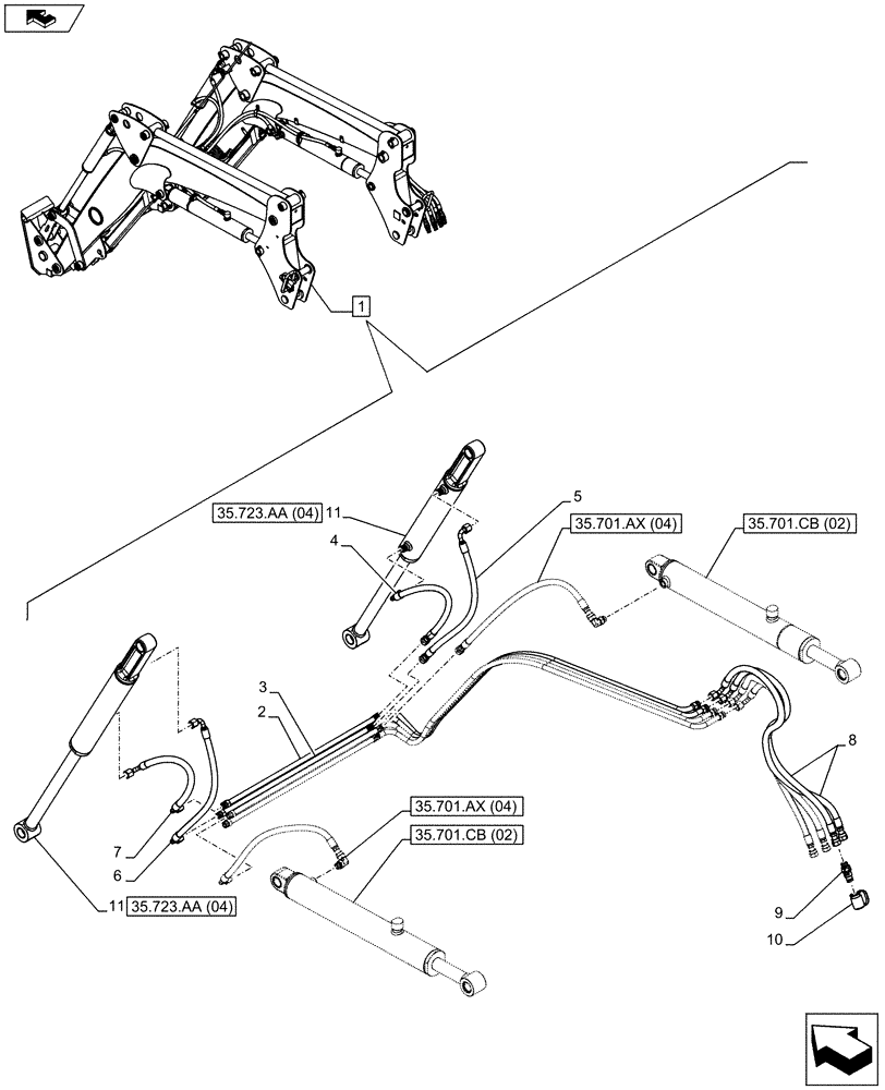 Схема запчастей Case IH FARMALL 105C - (35.723.AB[04]) - VAR - 335490 - LOADER BUCKET CYLINDER LINES (SELF LEVELLING) (35) - HYDRAULIC SYSTEMS