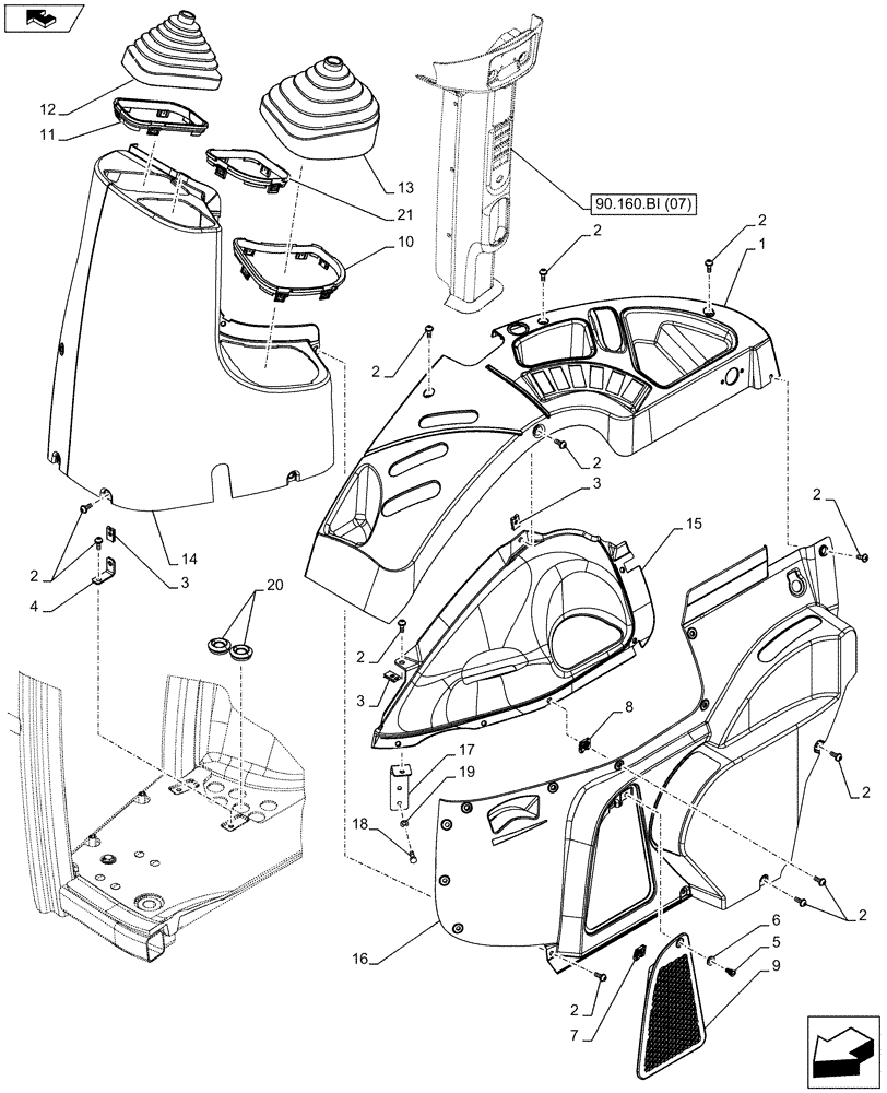 Схема запчастей Case IH FARMALL 85C - (90.160.BL[03]) - VAR - 336125, 338125 - CAB INTERIOR TRIM, RIGHT SIDE (90) - PLATFORM, CAB, BODYWORK AND DECALS