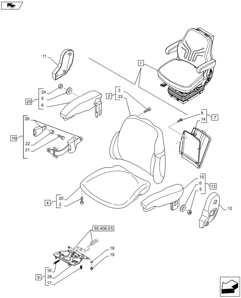 Схема запчастей Case IH FARMALL 65C - (90.124.0101[02]) - DRIVER SEAT, W/ CAB (VAR.332850) - END YR 25-JUL-2013 (90) - PLATFORM, CAB, BODYWORK AND DECALS