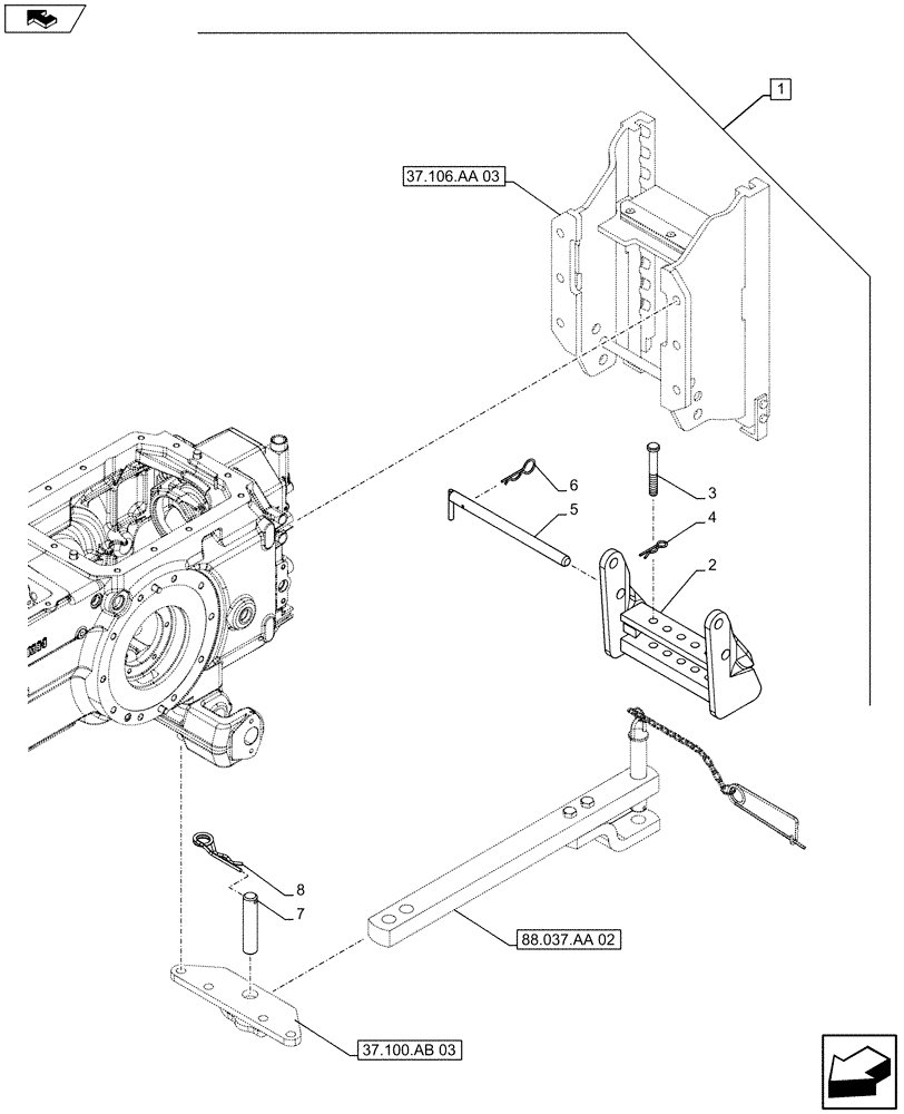 Схема запчастей Case IH FARMALL 115U - (88.037.AA[03]) - DIA KIT - DRAWBAR ANH HITCH - DRAWBAR - SUPPORT - ISO (88) - ACCESSORIES