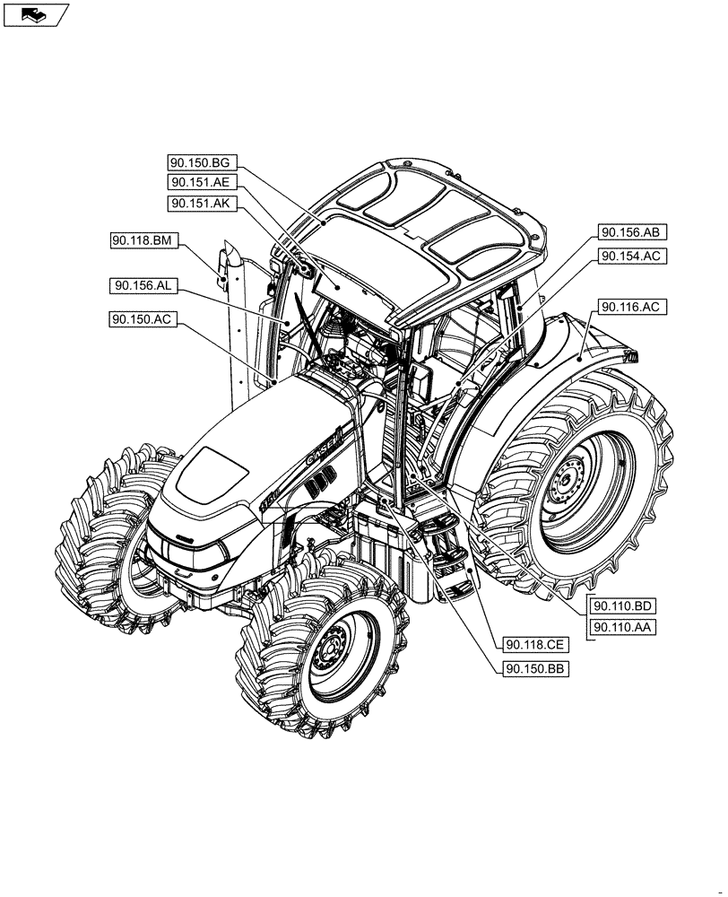 Схема запчастей Case IH FARMALL 95C - (90.000.00[02]) - SECTION INDEX - PLATFORM, CAB, BODYWORK AND DECALS (90) - PLATFORM, CAB, BODYWORK AND DECALS