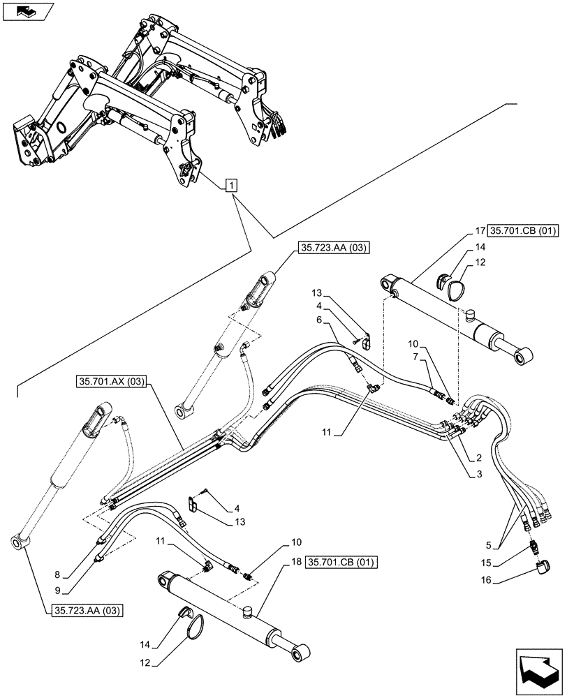 Схема запчастей Case IH FARMALL 85C - (35.701.AX[03]) - VAR - 334489 - FRONT LOADER HYDRAULIC SYSTEM (SELF LEVELLING), CYLINDER, PIPE (35) - HYDRAULIC SYSTEMS