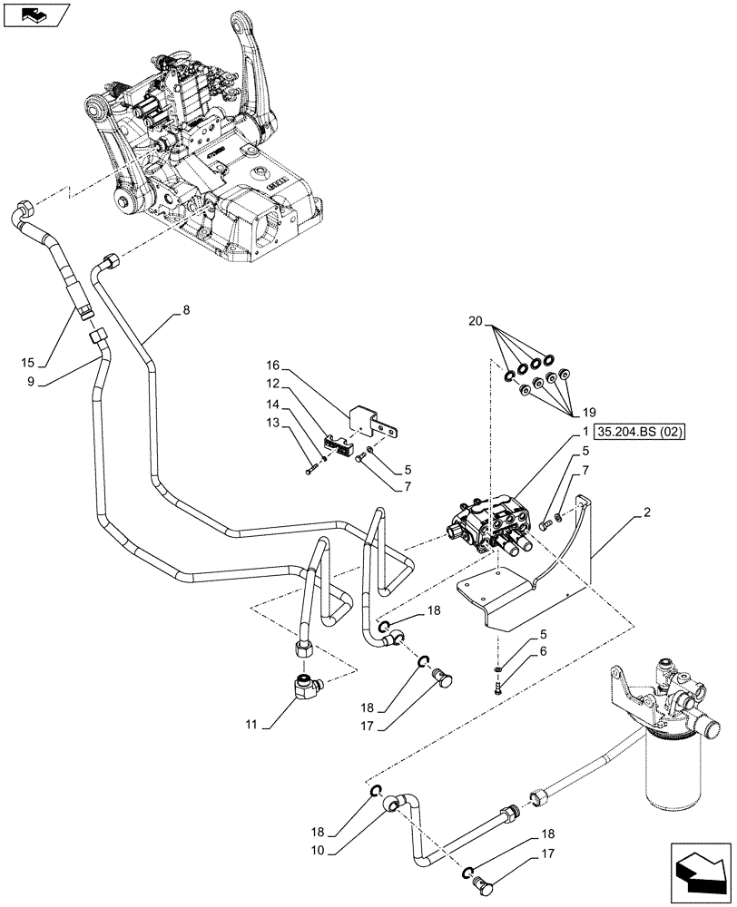 Схема запчастей Case IH FARMALL 105C - (35.204.BS[01]) - VAR - 336125, 338125 - MID MOUNT VALVE KIT, BRACKET, PIPE (35) - HYDRAULIC SYSTEMS