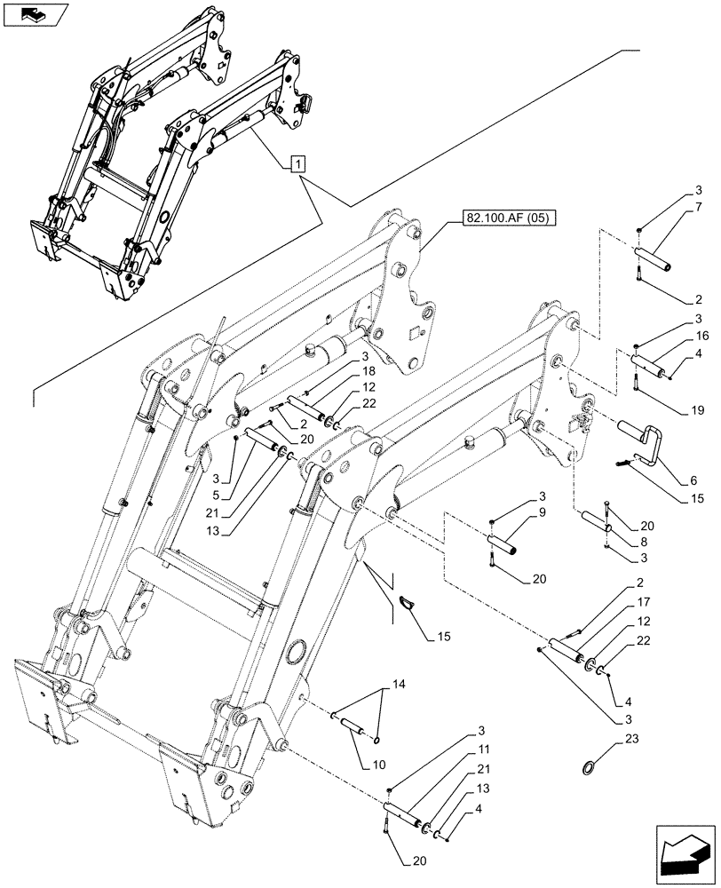 Схема запчастей Case IH FARMALL 105C - (82.100.BG[03]) - VAR - 334489 - LOADER ARM (SELF LEVELLING), PIN (82) - FRONT LOADER & BUCKET