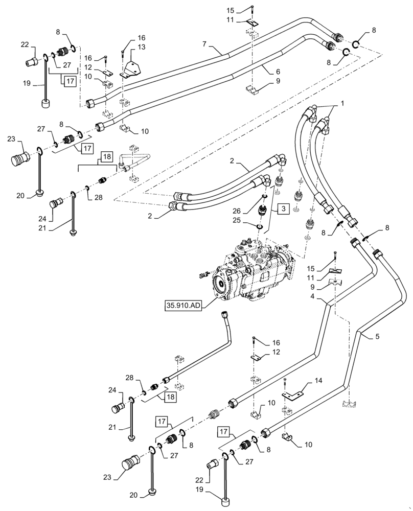 Схема запчастей Case IH WD2303 - (35.910.AF) - HYDRAULIC SYSTEM, DRIVE, DRAPER 6 CYLINDER (35) - HYDRAULIC SYSTEMS