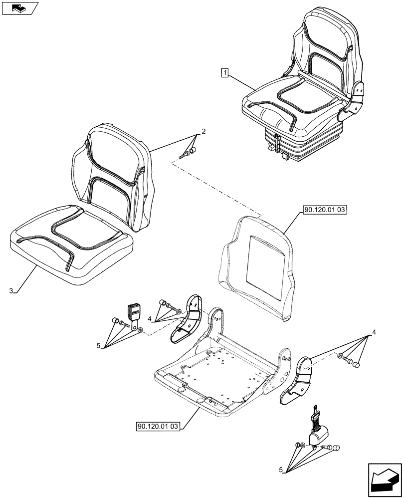 Схема запчастей Case IH FARMALL 75C - (90.120.01[02]) - FABRIC SEAT - W/CAB - ISO (90) - PLATFORM, CAB, BODYWORK AND DECALS
