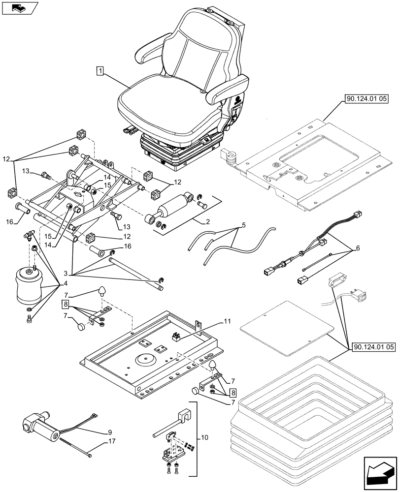 Схема запчастей Case IH FARMALL 65C - (90.124.01[04]) - FABRIC SEAT WITH SAFETY SWITCH, ARMREST AND AIR SUSPENSION - W/CAB (VAR.331850) (90) - PLATFORM, CAB, BODYWORK AND DECALS