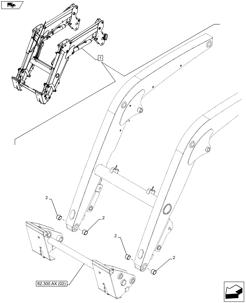 Схема запчастей Case IH FARMALL 115C - (82.300.AB[02]) - VAR - 334489, 335490 - LOADER BUCKET (SELF LEVELLING), BUSHING (82) - FRONT LOADER & BUCKET