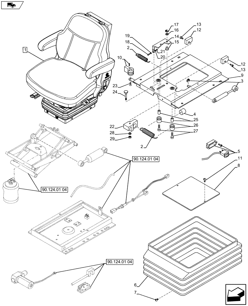 Схема запчастей Case IH FARMALL 75C - (90.124.01[05]) - FABRIC SEAT WITH SAFETY SWITCH, ARMREST AND AIR SUSPENSION - W/CAB (VAR.331850) (90) - PLATFORM, CAB, BODYWORK AND DECALS