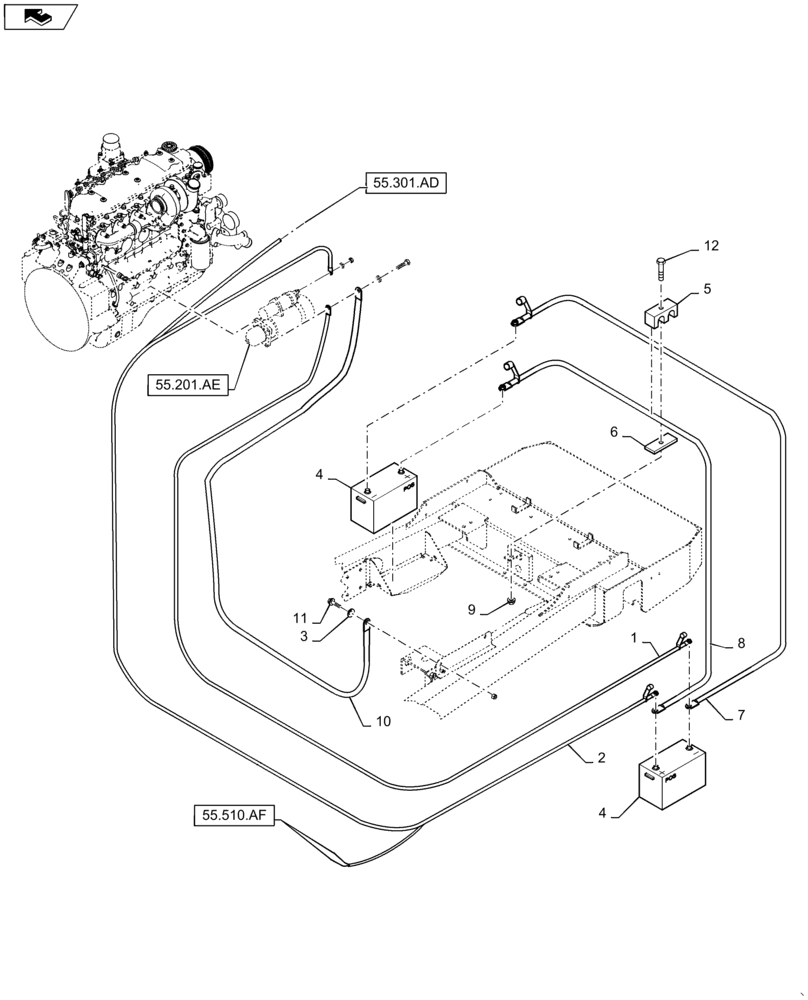 Схема запчастей Case IH WD1903 - (55.510.AU) - BATTERY - CABLES, 6 CYLINDER MACHINES (55) - ELECTRICAL SYSTEMS