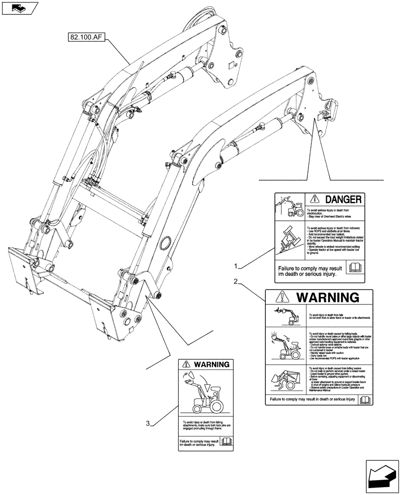 Схема запчастей Case IH FARMALL 85C - (90.108.AC[28]) - VAR - 333489, 334489, 334490, 335490 - SAFETY DECALS, LOADER ARM (90) - PLATFORM, CAB, BODYWORK AND DECALS