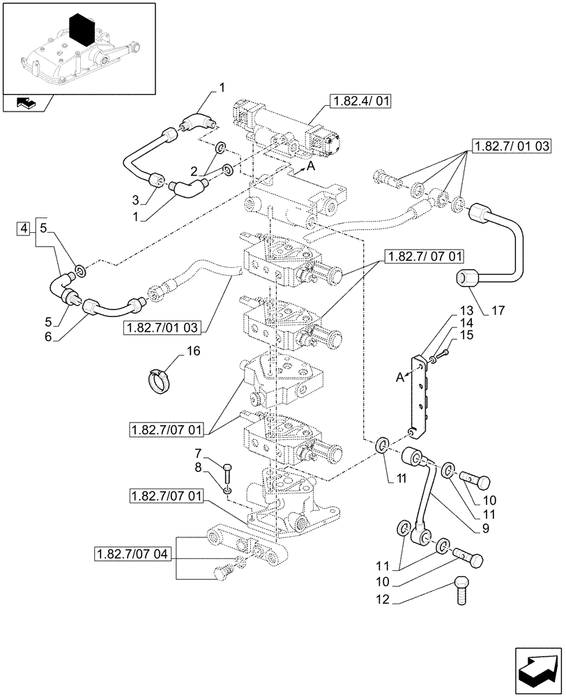 Схема запчастей Case IH FARMALL 105V - (1.82.7/07[02]) - 3 REMOTE VALVES FOR ELECTRONIC LIFTER W/HYD. DIVIDER - PIPES - EDC (VAR. 332141 - 336391 / 743526) (07) - HYDRAULIC SYSTEM