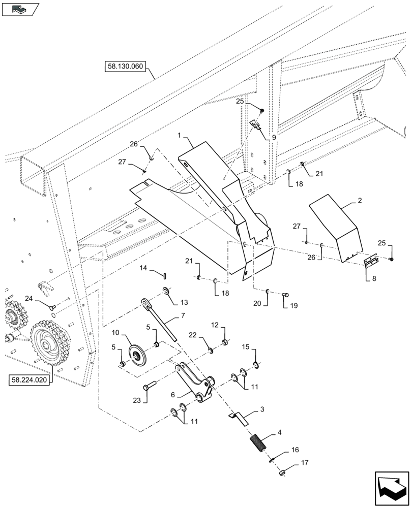 Схема запчастей Case IH 2612XR - (58.224.030) - HEADER DRIVE - TENSIONER (58) - ATTACHMENTS/HEADERS