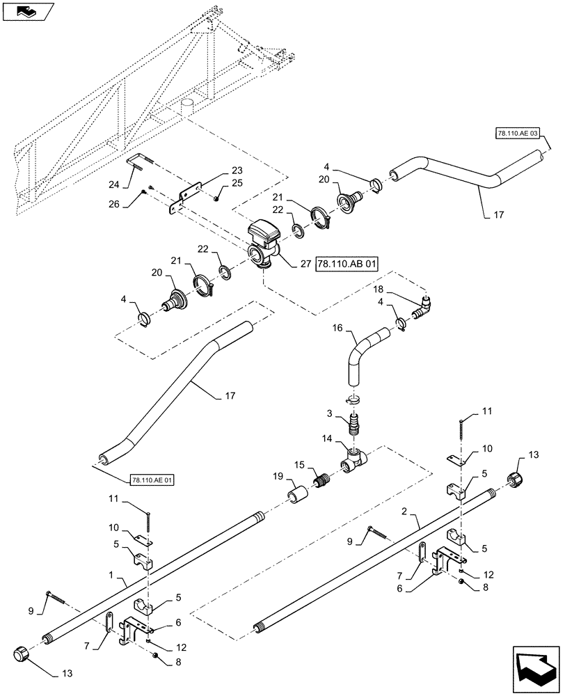 Схема запчастей Case IH 2240 - (78.110.AE[02]) - BOOM PLUMBING, LH, INNER, 20" NOZZLE SPACING, 5 SECTION, 80 (78) - SPRAYING