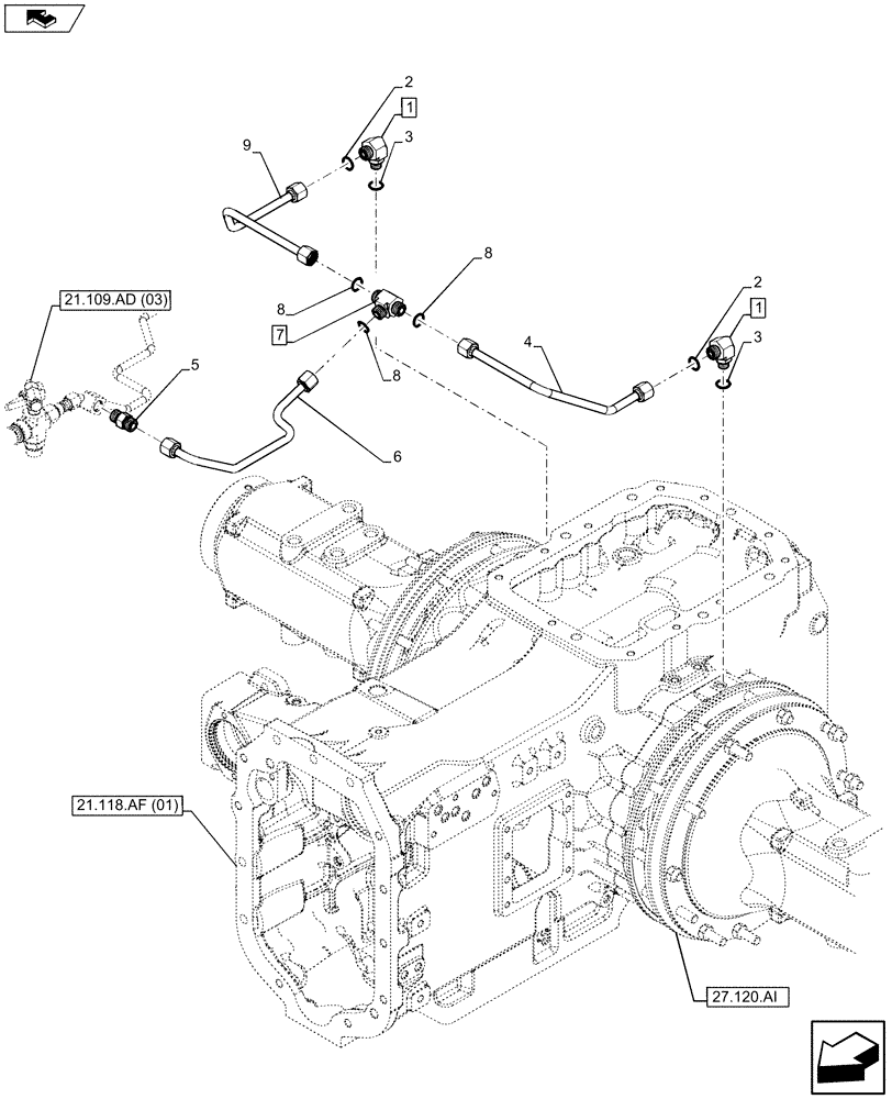 Схема запчастей Case IH MAXXUM 120 - (21.109.AD[04]) - VAR- 390283 - TRANSMISSION, COOLING SYSTEM LINE (21) - TRANSMISSION