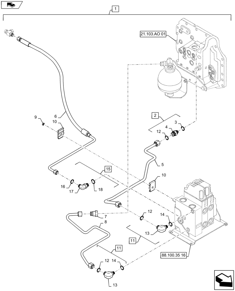 Схема запчастей Case IH MAXXUM 110 - (88.100.35[18]) - DIA KIT - 2 ELECTRONIC MID MOUNTED VALVES - PILOT PIPES (88) - ACCESSORIES