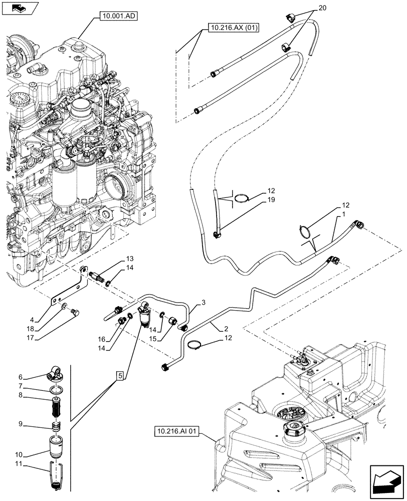 Схема запчастей Case IH MAXXUM 110 - (10.216.AY) - VAR - 331170 - FUEL COOLER LINE (10) - ENGINE