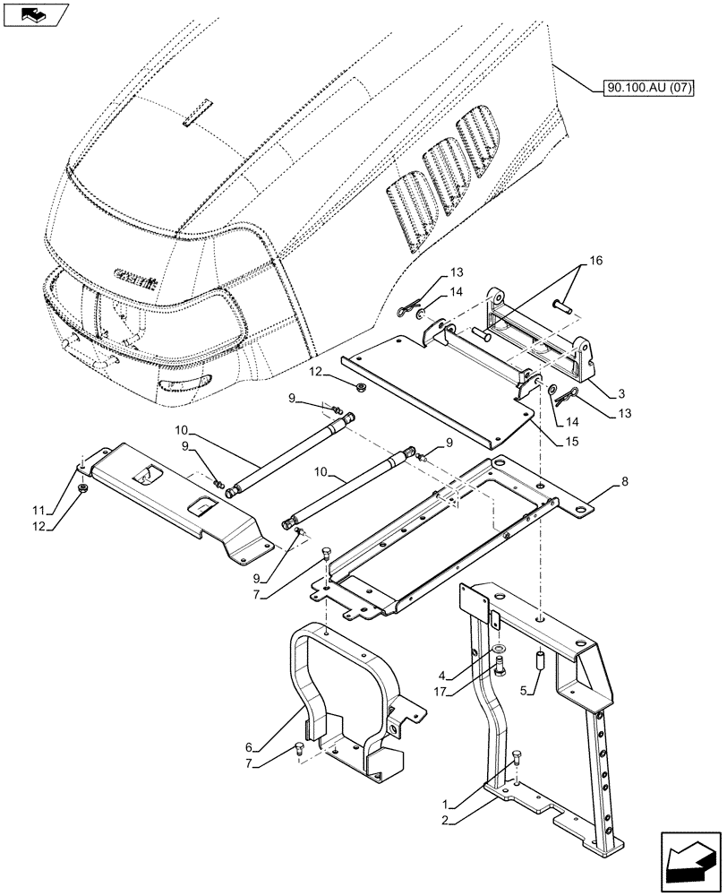 Схема запчастей Case IH MAXXUM 120 - (90.100.AU[04]) - VAR - 332285, 334959, 335789, 335791, 392500 - ENGINE HOOD, SUPPORT (90) - PLATFORM, CAB, BODYWORK AND DECALS