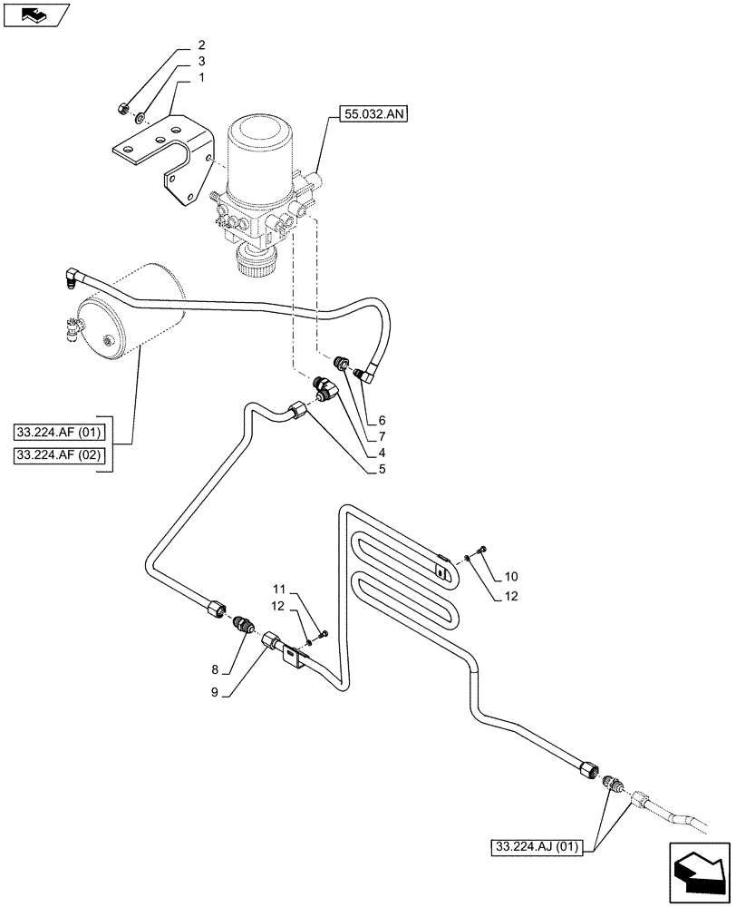 Схема запчастей Case IH MAXXUM 110 - (33.224.AQ[01]) - VAR - 332727, 332737, 332739 - PNEUMATIC TRAILER BRAKE, AIR DRYER, LINES (33) - BRAKES & CONTROLS
