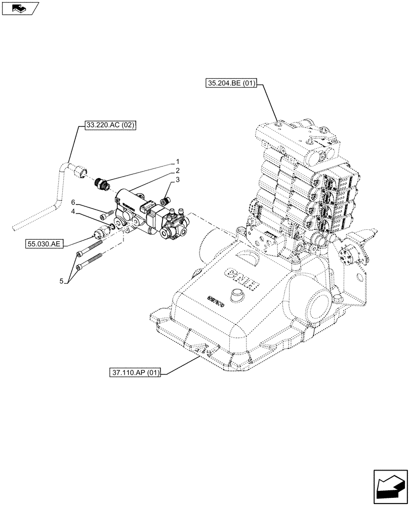 Схема запчастей Case IH MAXXUM 110 - (33.220.AM[01]) - VAR - 331723, 332302, 744785 - REMOTE CONTROL VALVE PIPE (33) - BRAKES & CONTROLS