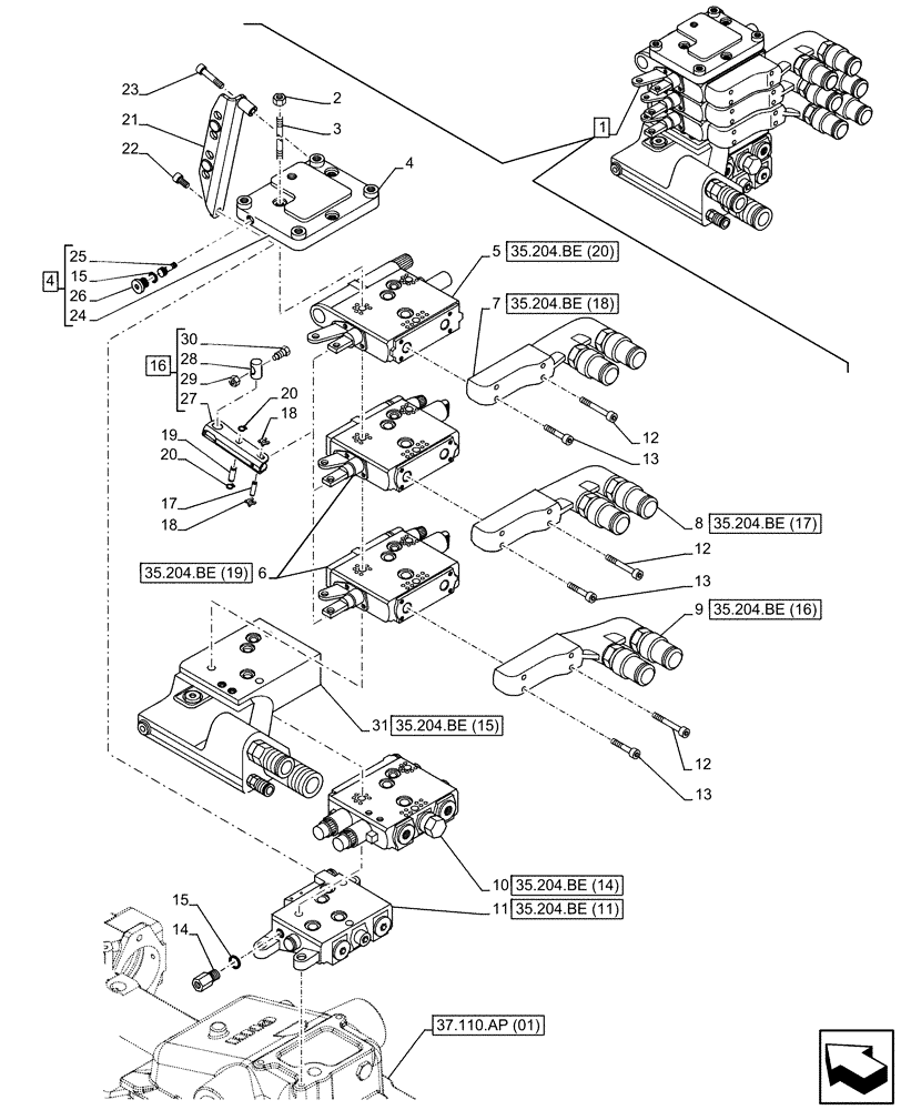 Схема запчастей Case IH MAXXUM 110 - (35.204.BE[02]) - VAR - 334898, 396844 - REMOTE CONTROL VALVE, MECHANICAL, W/ POWER BEYOND (1NC+2C) (35) - HYDRAULIC SYSTEMS