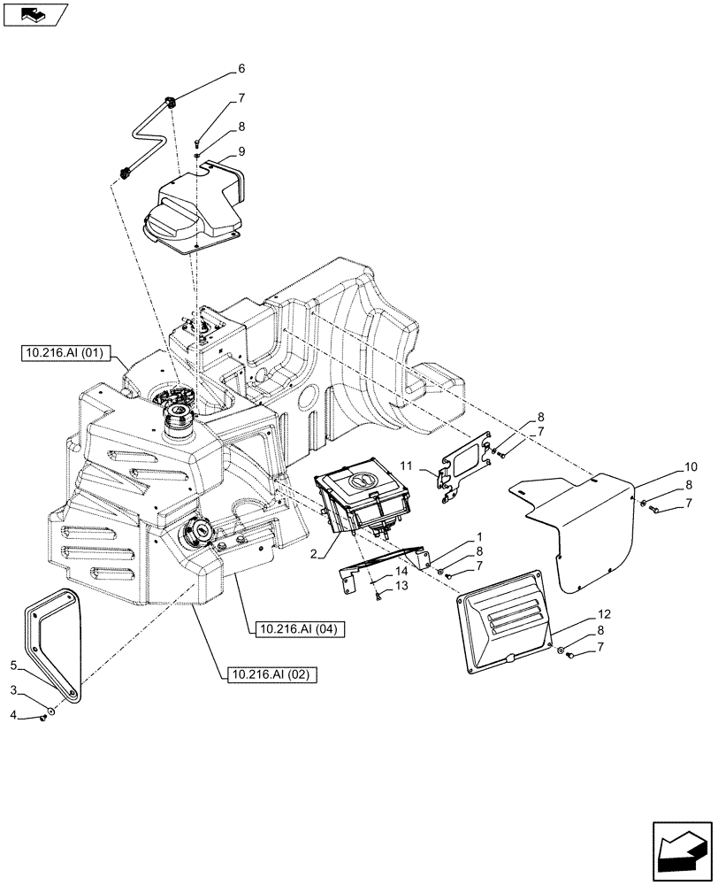 Схема запчастей Case IH MAXXUM 120 - (10.216.AI[05]) - VAR - 330142, 390142 - FUEL TANK, COVERS, ECU (10) - ENGINE